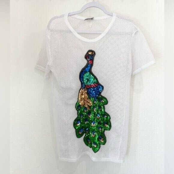 Vintage Sequin Mesh Boho Short Sleeve Peacock Artsy Kitschy Long Top - Picture 1 of 6